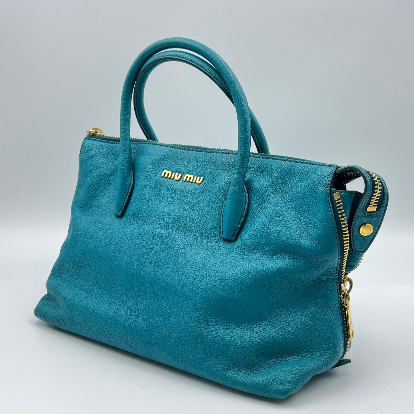 Leather Side Zip Convertible Tote Small turquoise