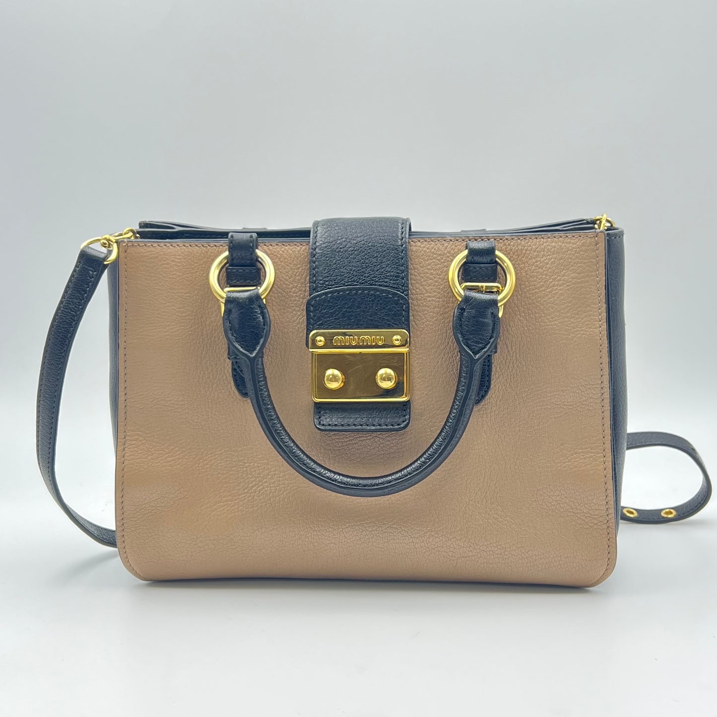 Madras Leather Handbag Beige and Black
