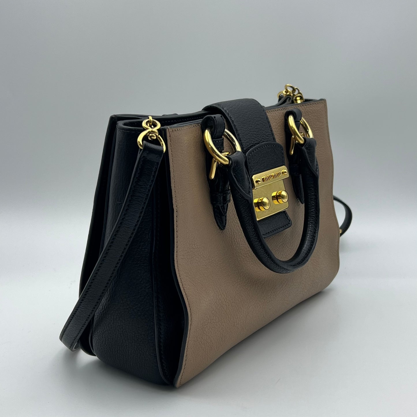 Madras Leather Handbag Beige and Black