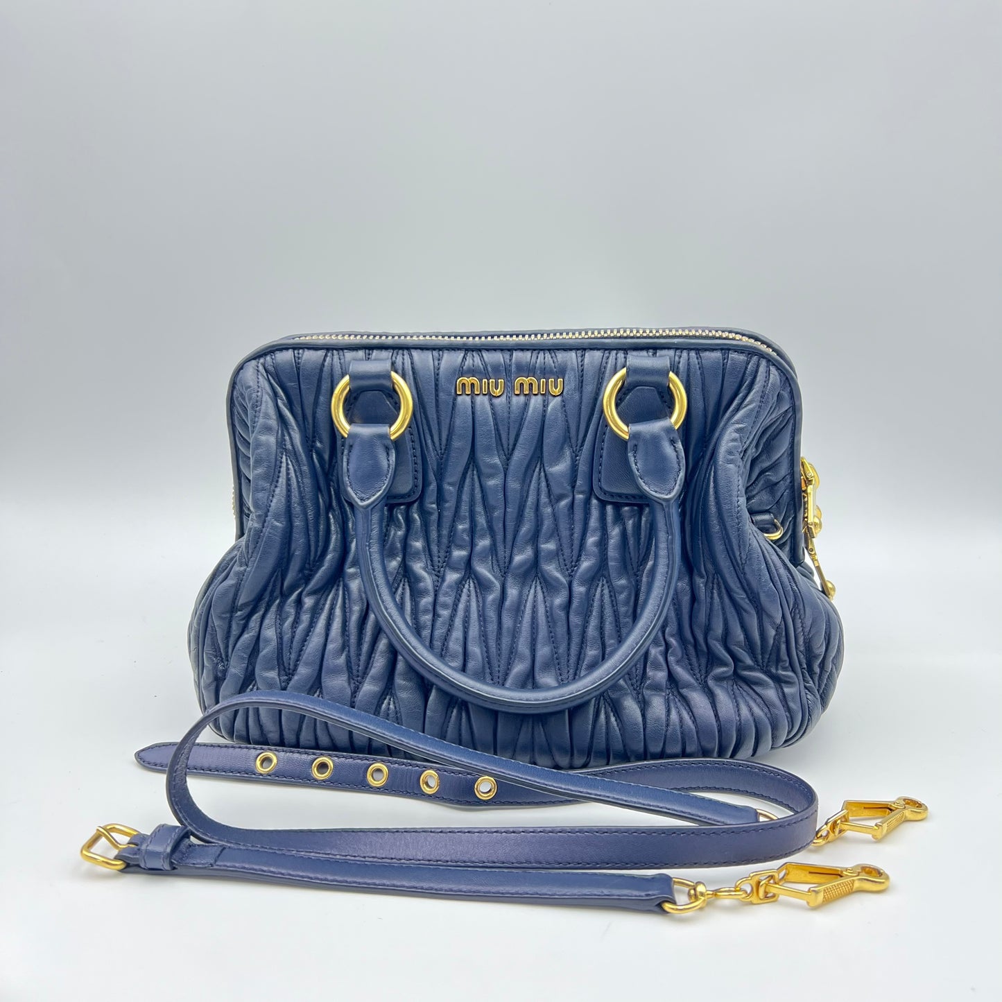 Blue Matelassé Leather Top Zip Satchel