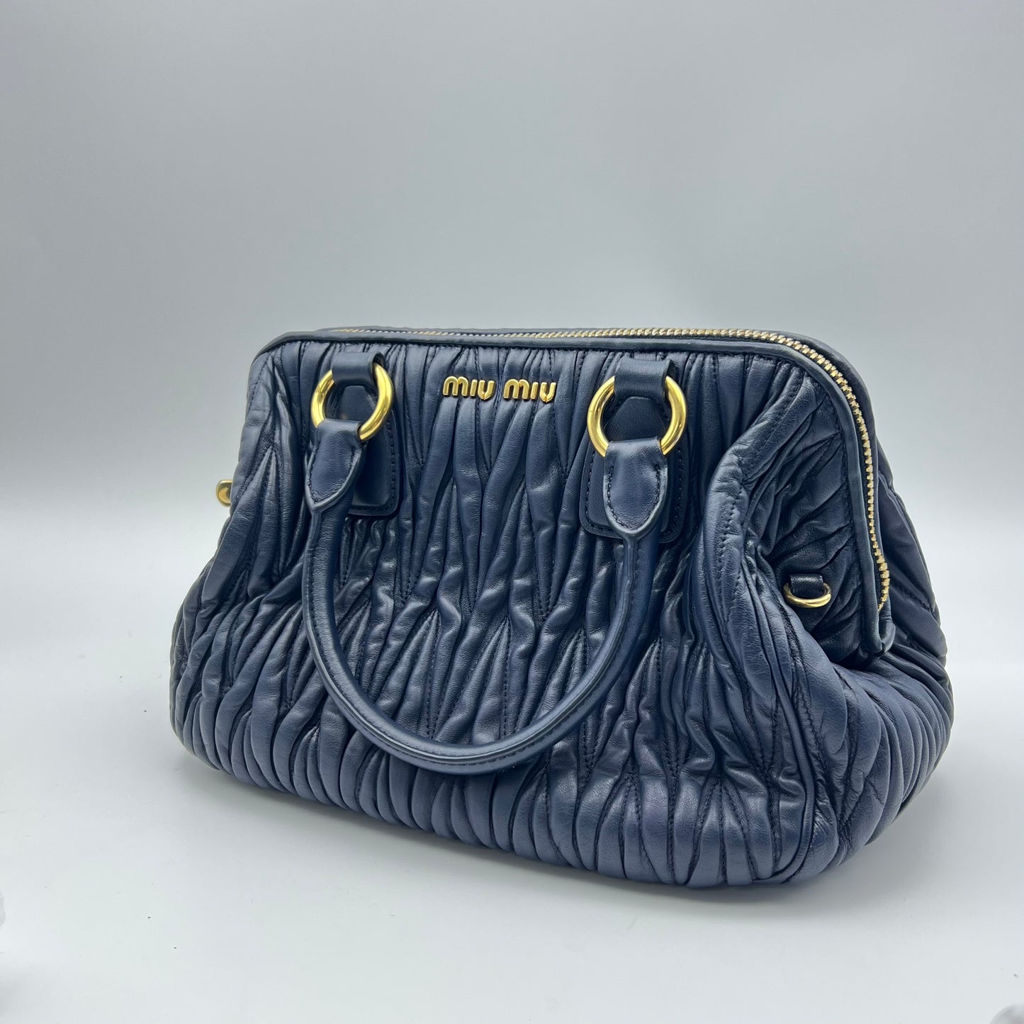 Blue Matelassé Leather Top Zip Satchel
