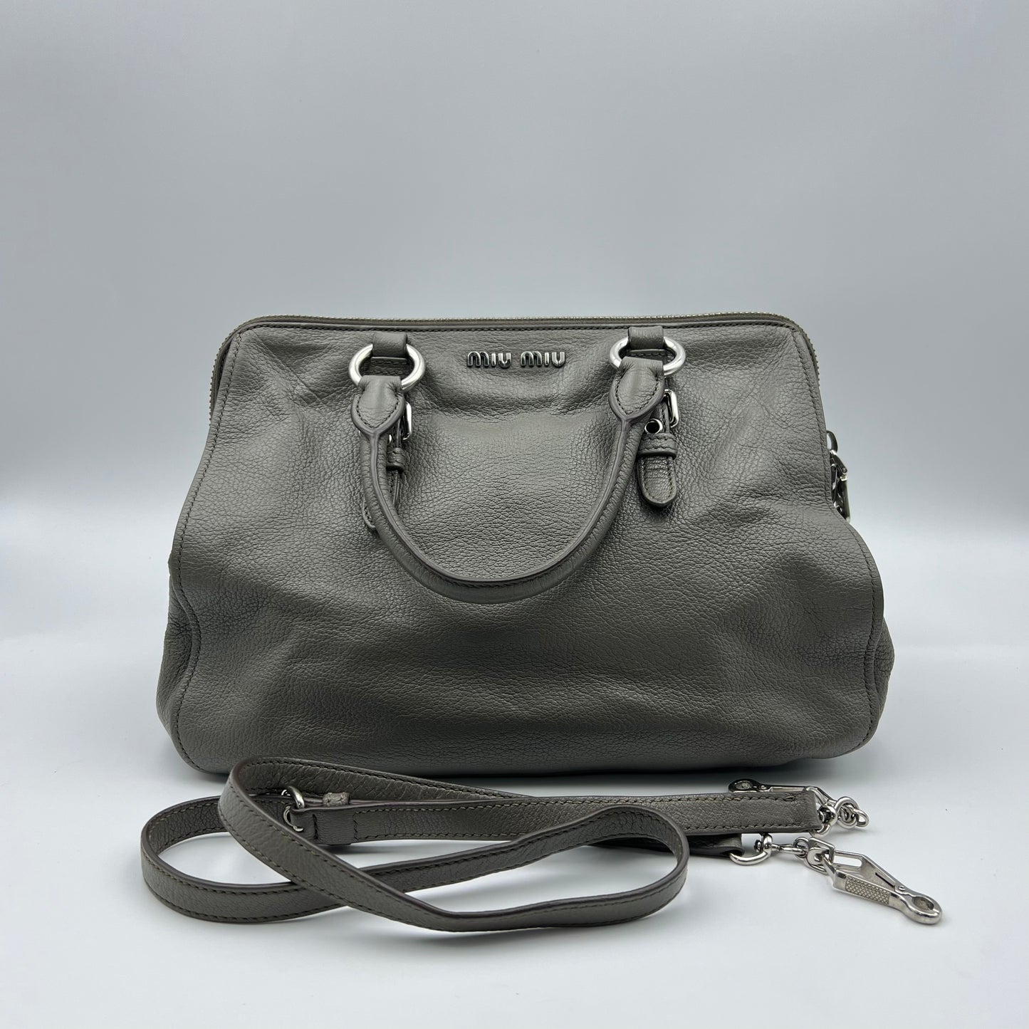 Grey Leather Madras Bowling Bag