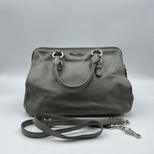 Grey Leather Madras Bowling Bag