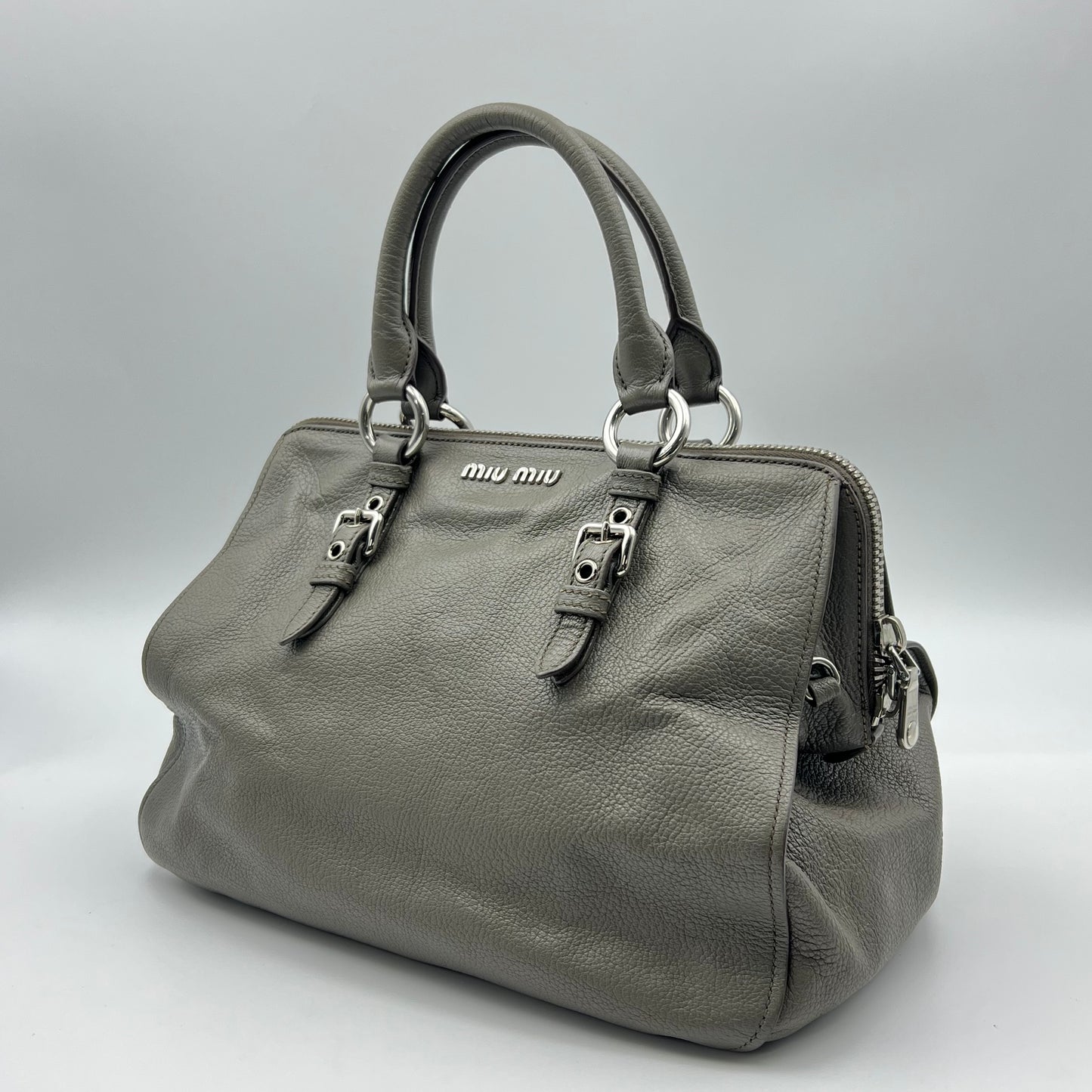 Grey Leather Madras Bowling Bag