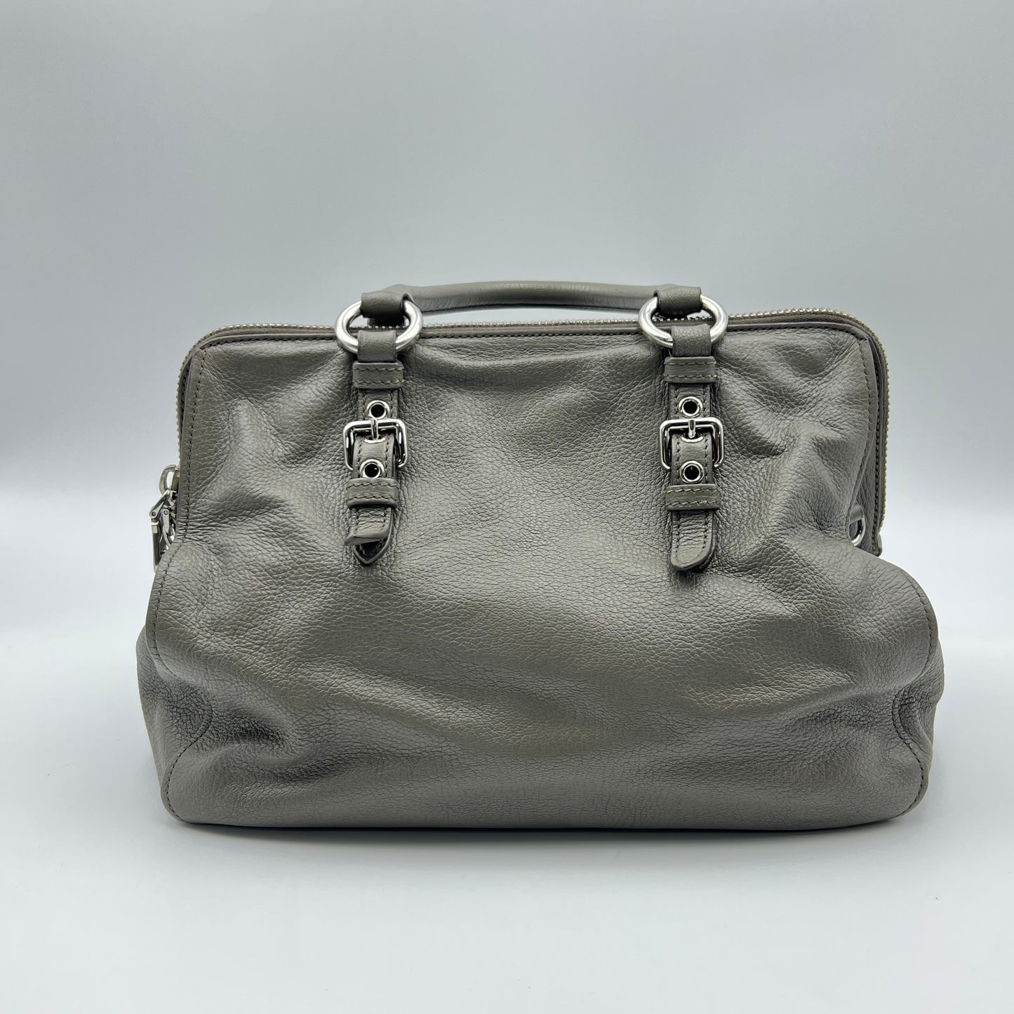 Grey Leather Madras Bowling Bag