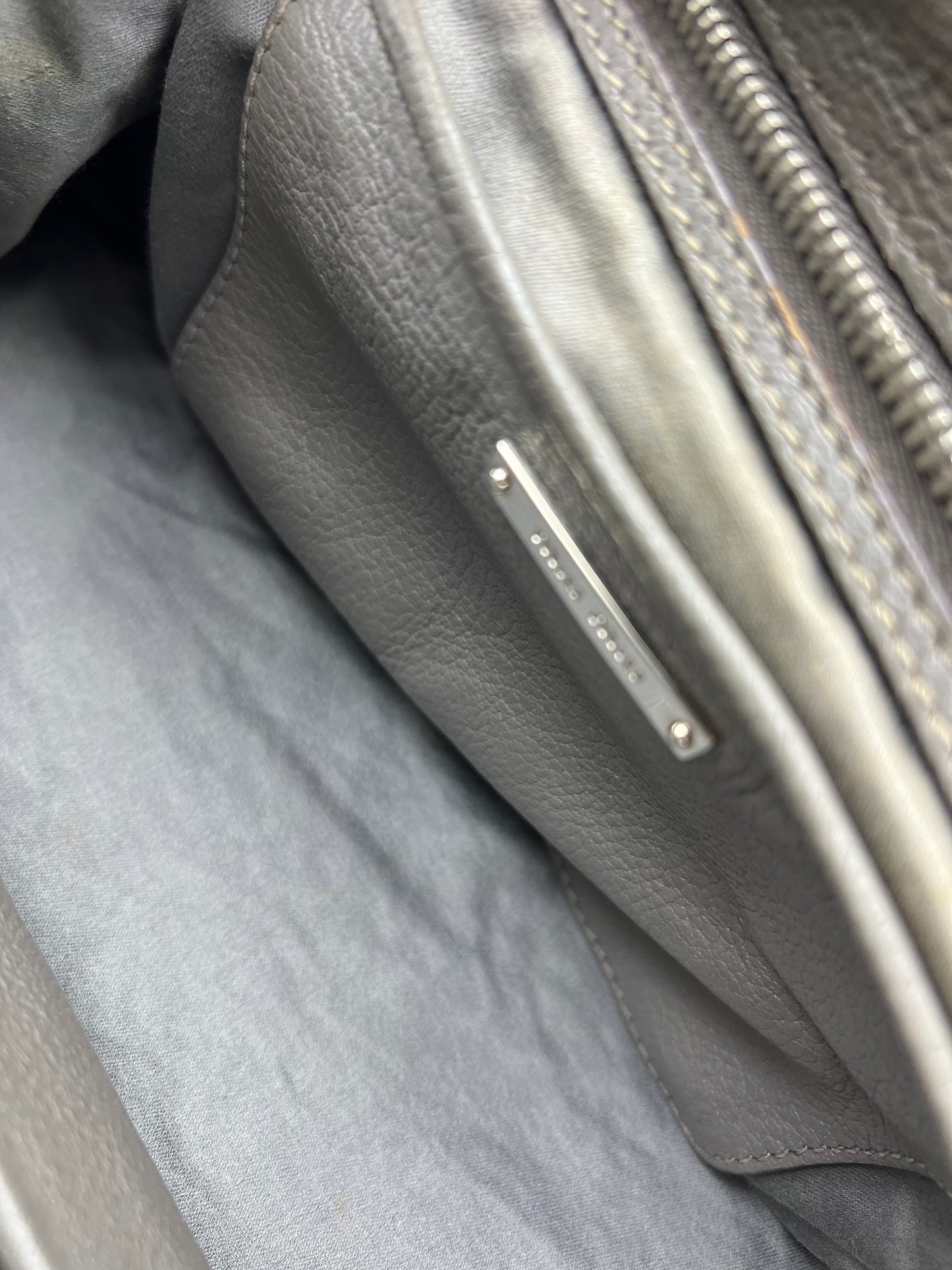 Grey Leather Madras Bowling Bag