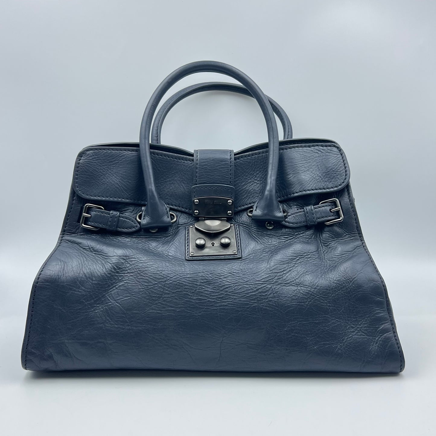 Leather Top Handle Tote Blue Grey