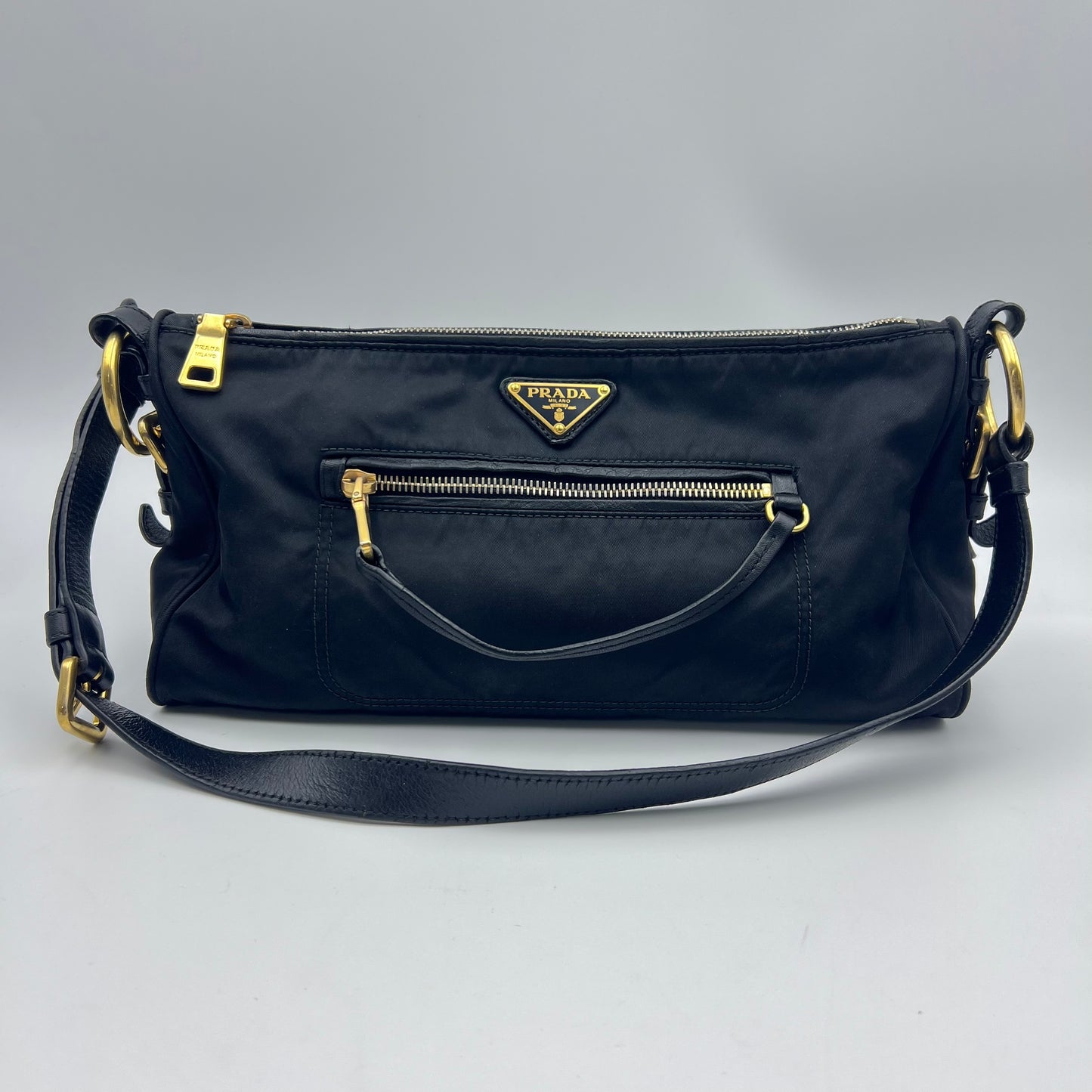 Black Tessuto Nylon and Saffiano Leather Shoulder Bag