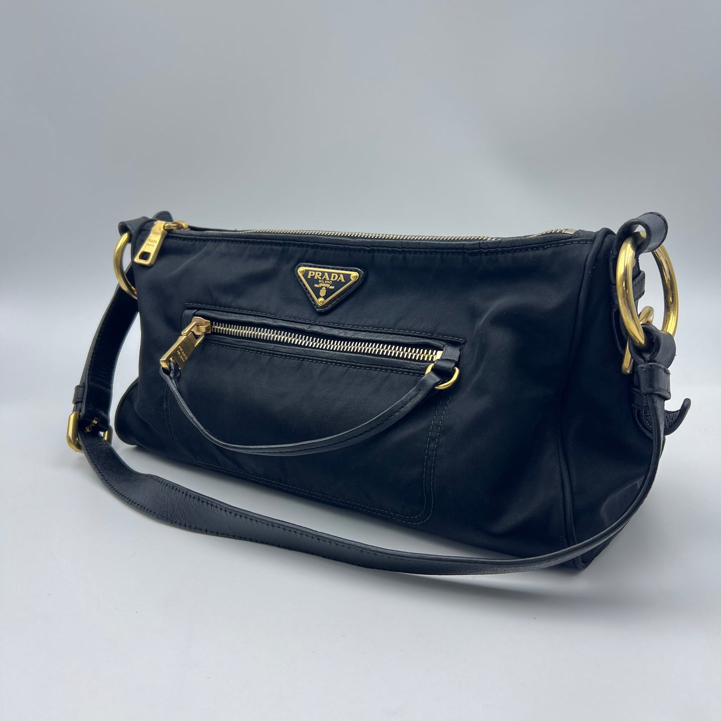 Black Tessuto Nylon and Saffiano Leather Shoulder Bag
