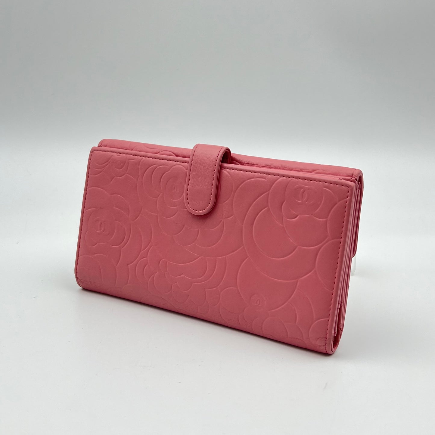 Pink Camellia Embossed Leather Continental Wallet