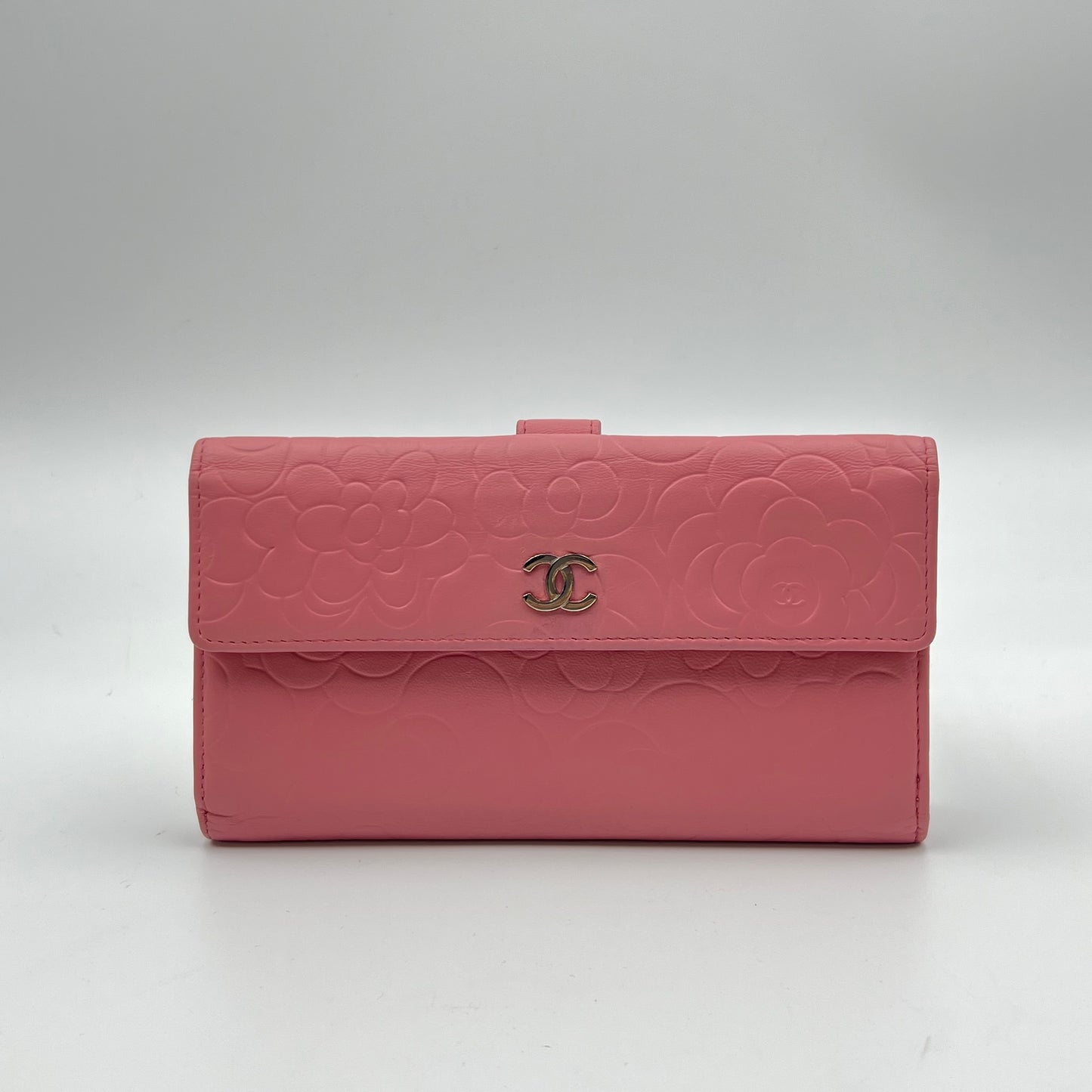 Pink Camellia Embossed Leather Continental Wallet