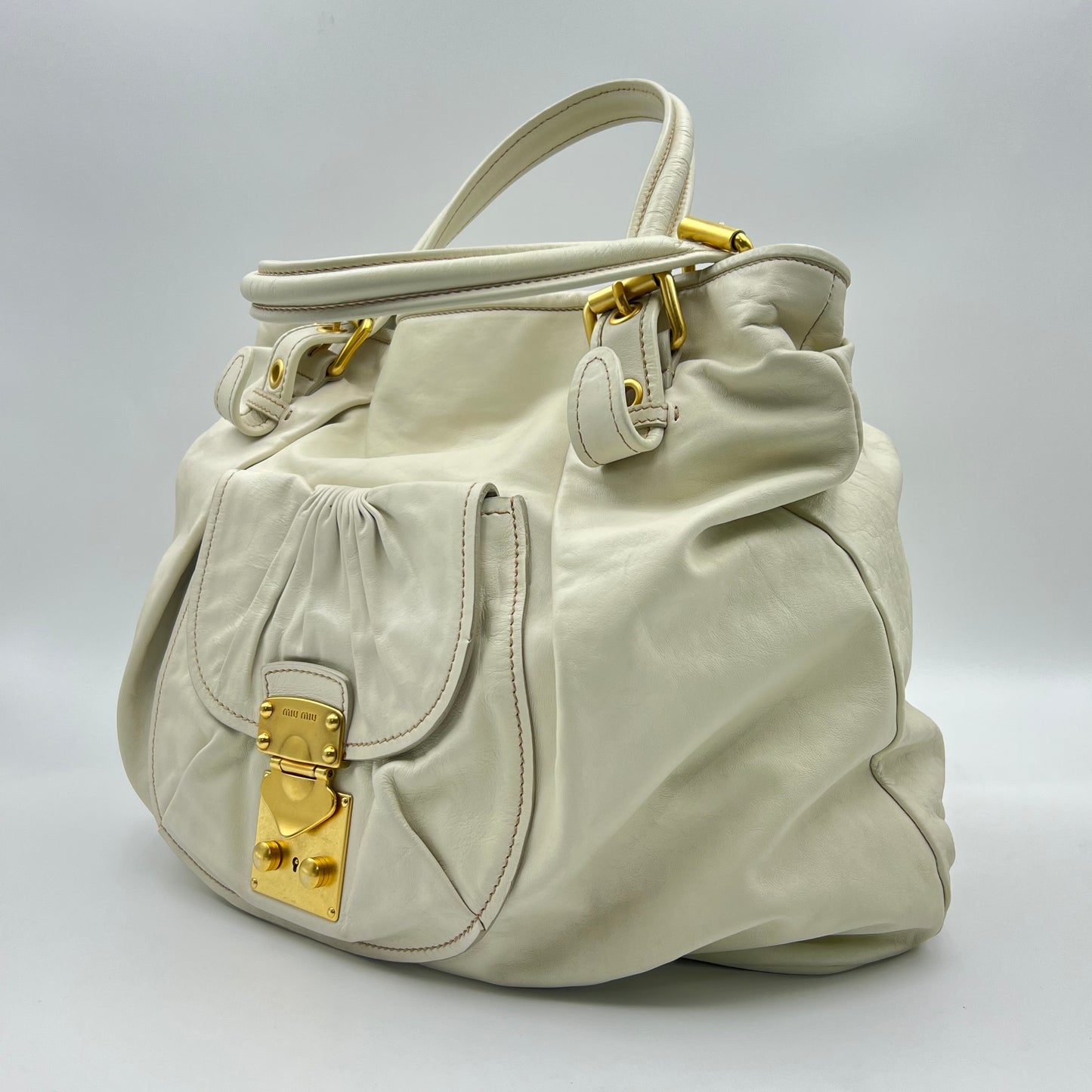 Ivory Leather Large East/West Tote Bag