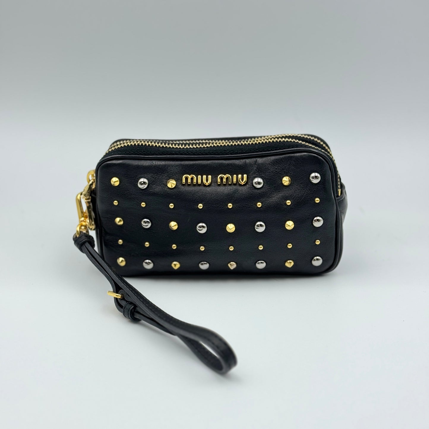 Miu Miu Black Leather Clutch Purse with Gold and Silver Studs