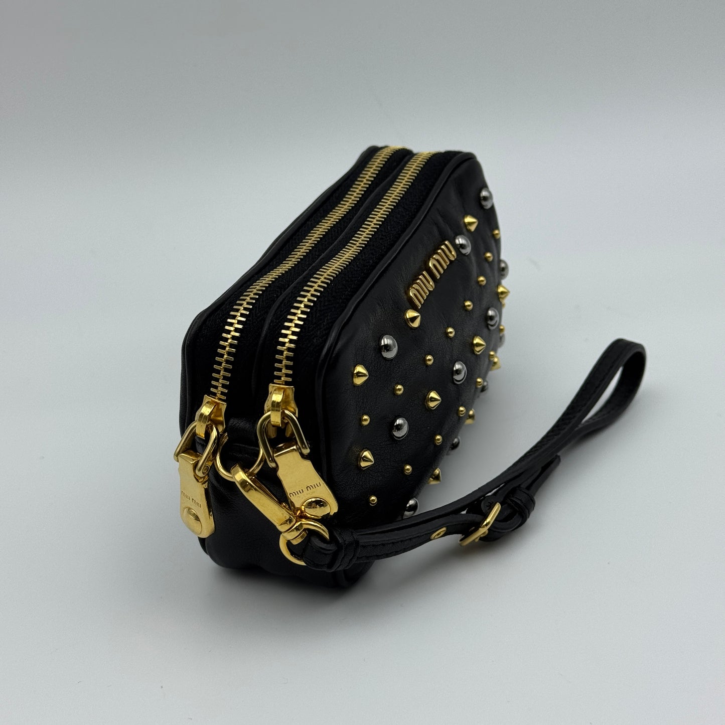 Miu Miu Black Leather Clutch Purse with Gold and Silver Studs