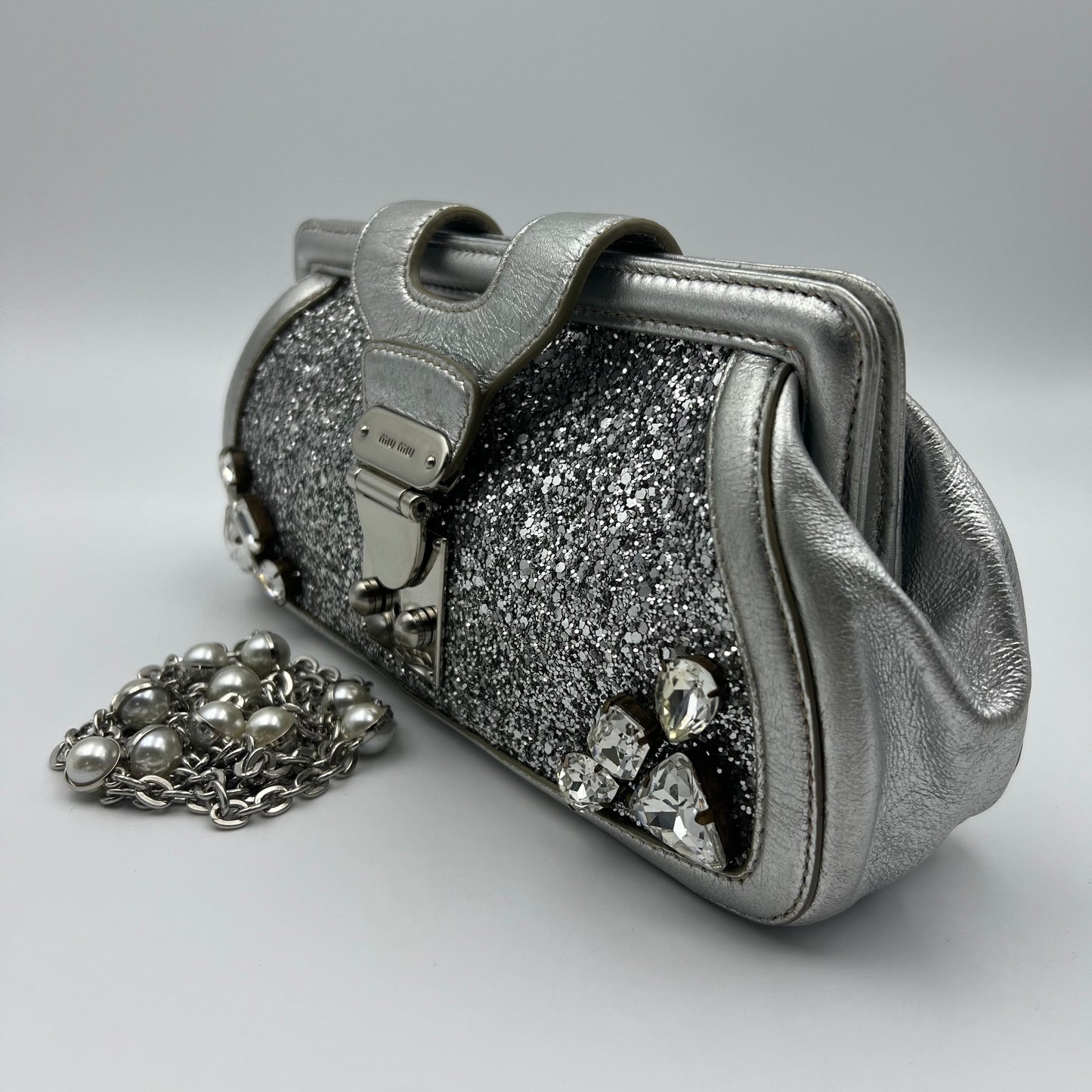 Crystal Silver Glittered Y2K Evening Clutch Bag