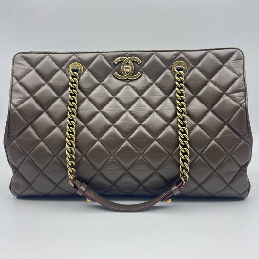 Chanel Mocha Quilted Leather CC Turnlock Tote