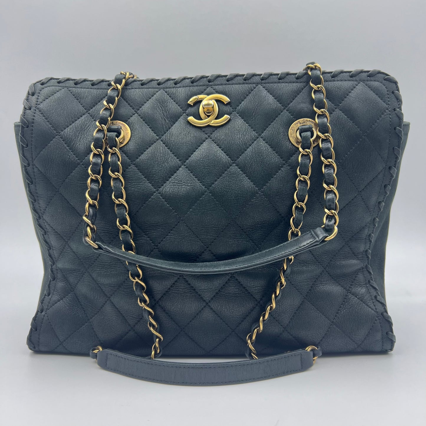 Chanel Iridescent Calfskin Quilted Happy Stitch Shopping Tote Black
