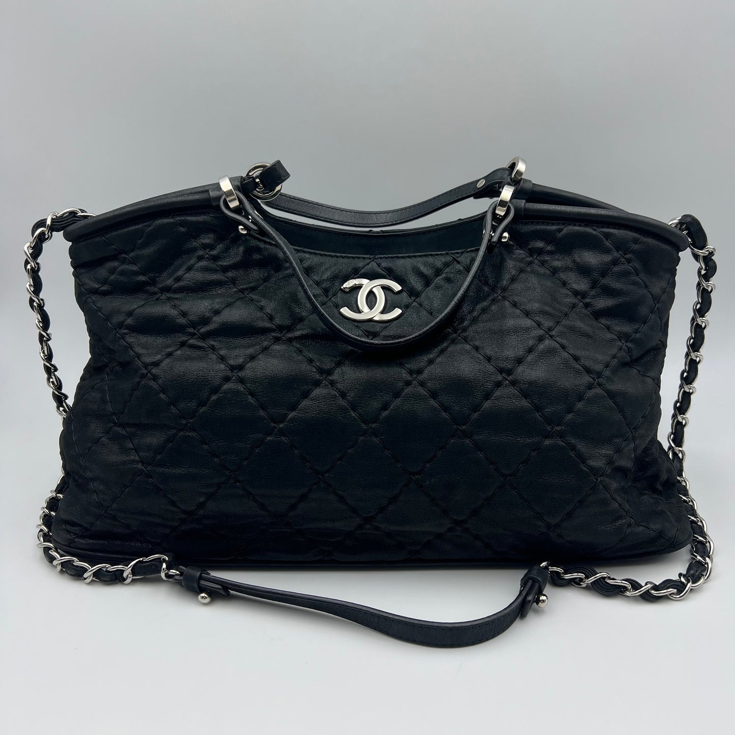 Iridescent Calfskin Quilted Small Sea Hit Tote Black