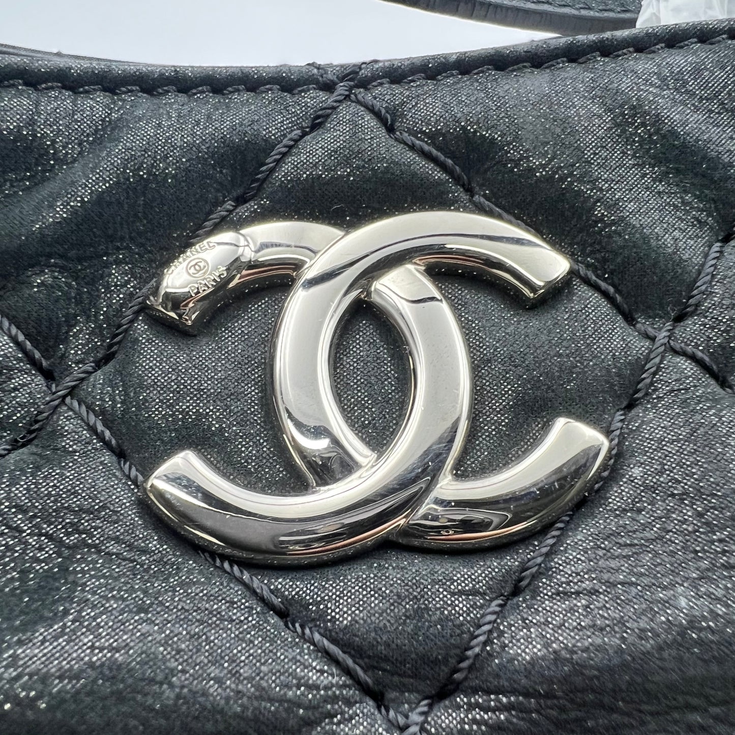 Iridescent Calfskin Quilted Small Sea Hit Tote Black