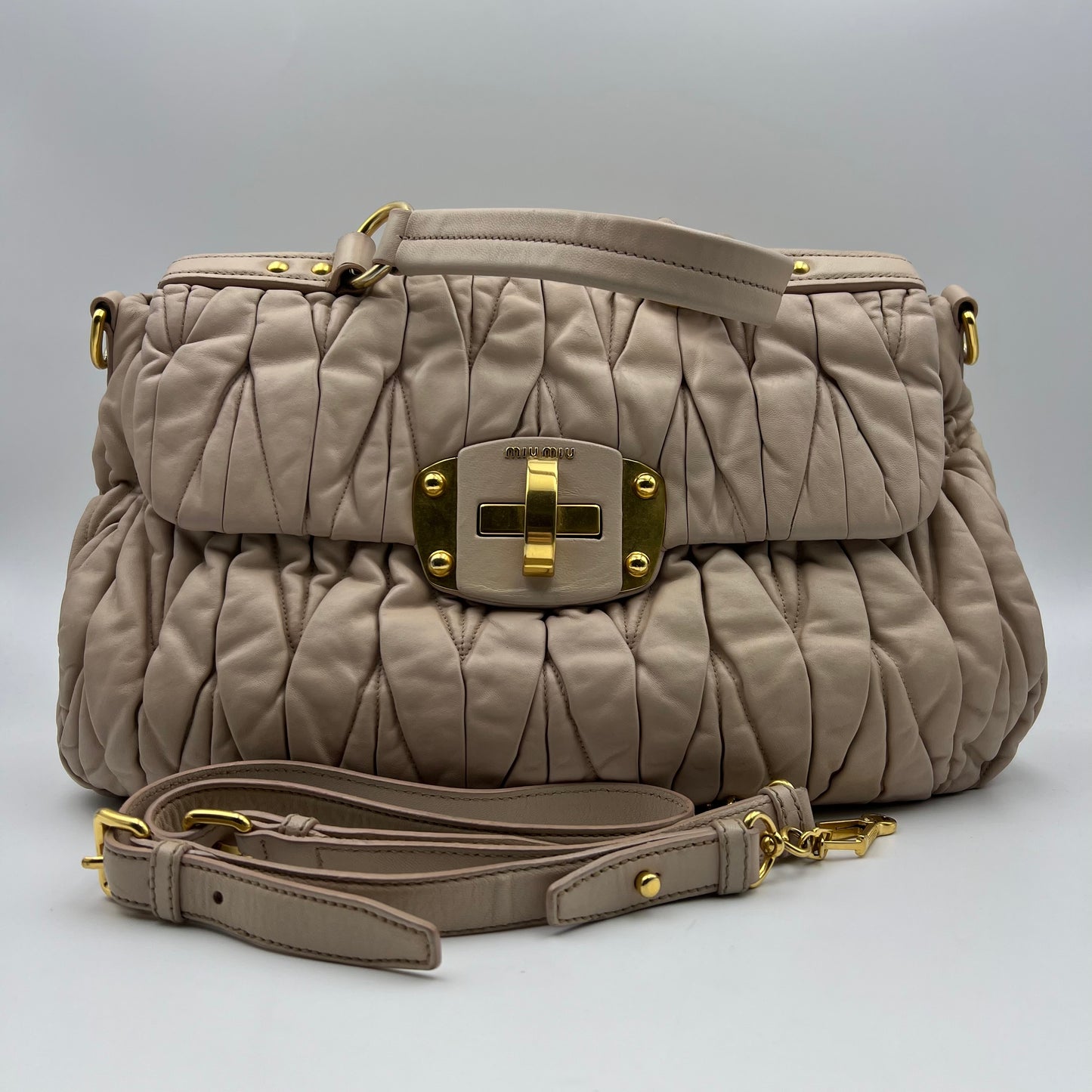 Beige Pink Matelasse Leather Turnlock Top Handle Bag