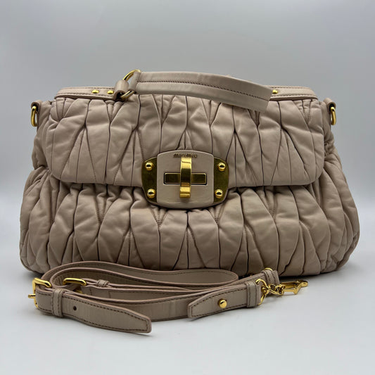 Beige Pink Matelasse Leather Turnlock Top Handle Bag