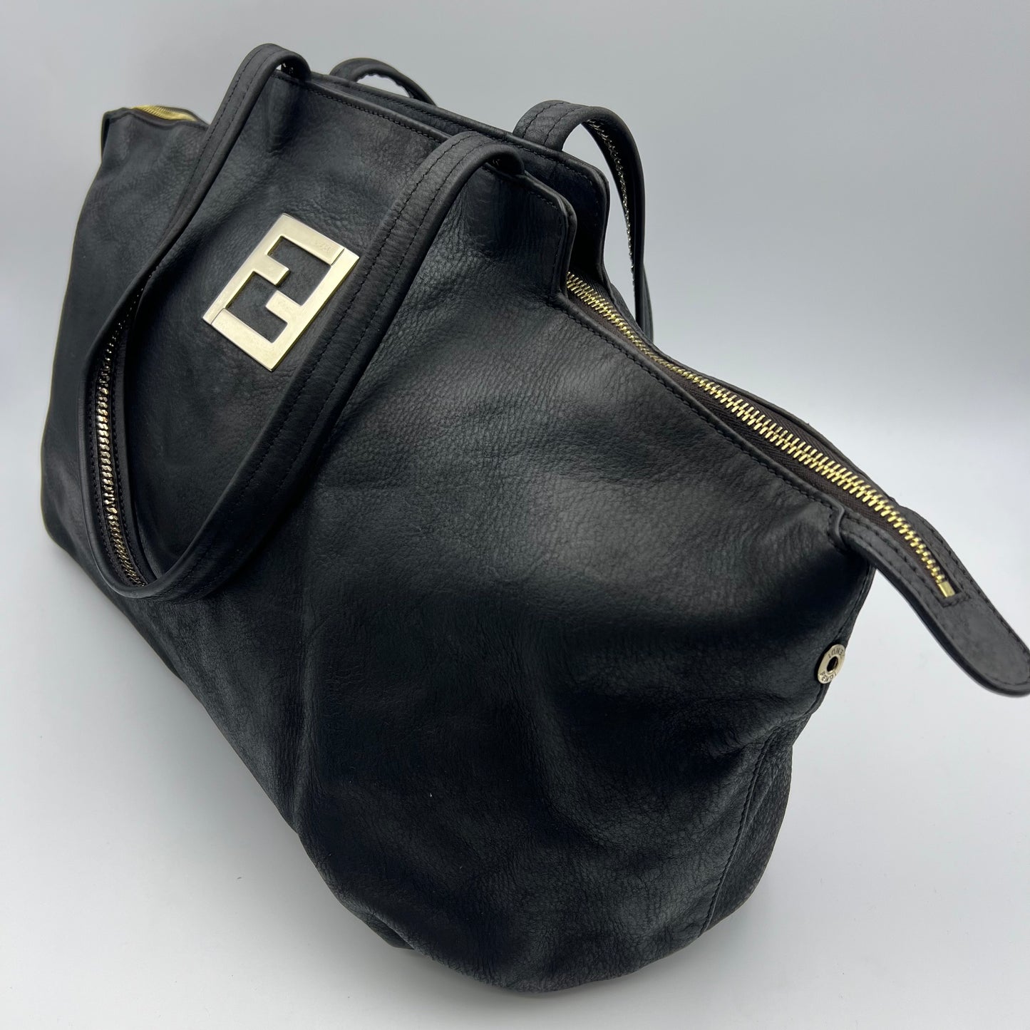Large Black Nubuck Leather Gold Chain Shoulder Bag