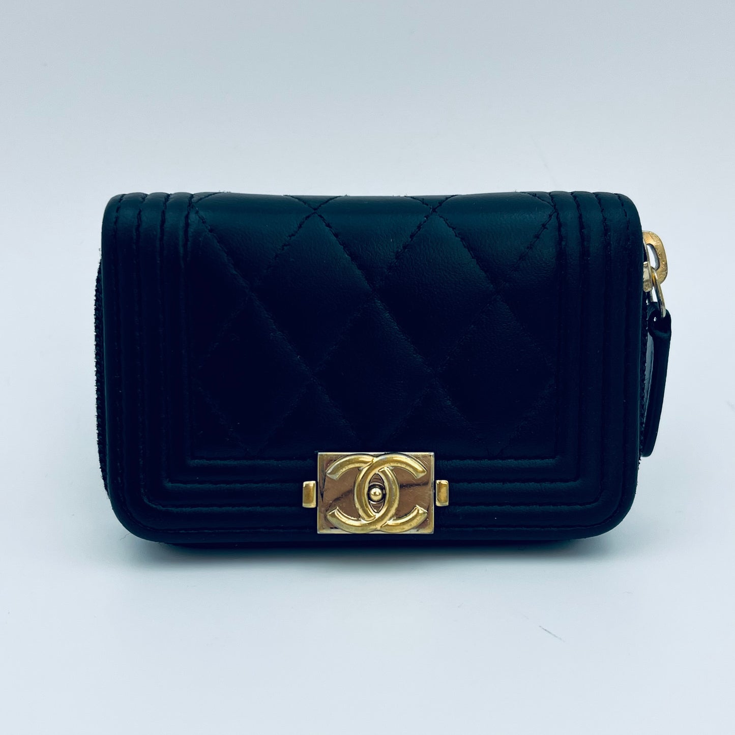 Black Lambskin Leather Zip Around Boy Coin Purse