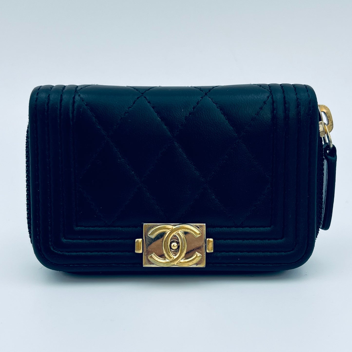 Black Lambskin Leather Zip Around Boy Coin Purse