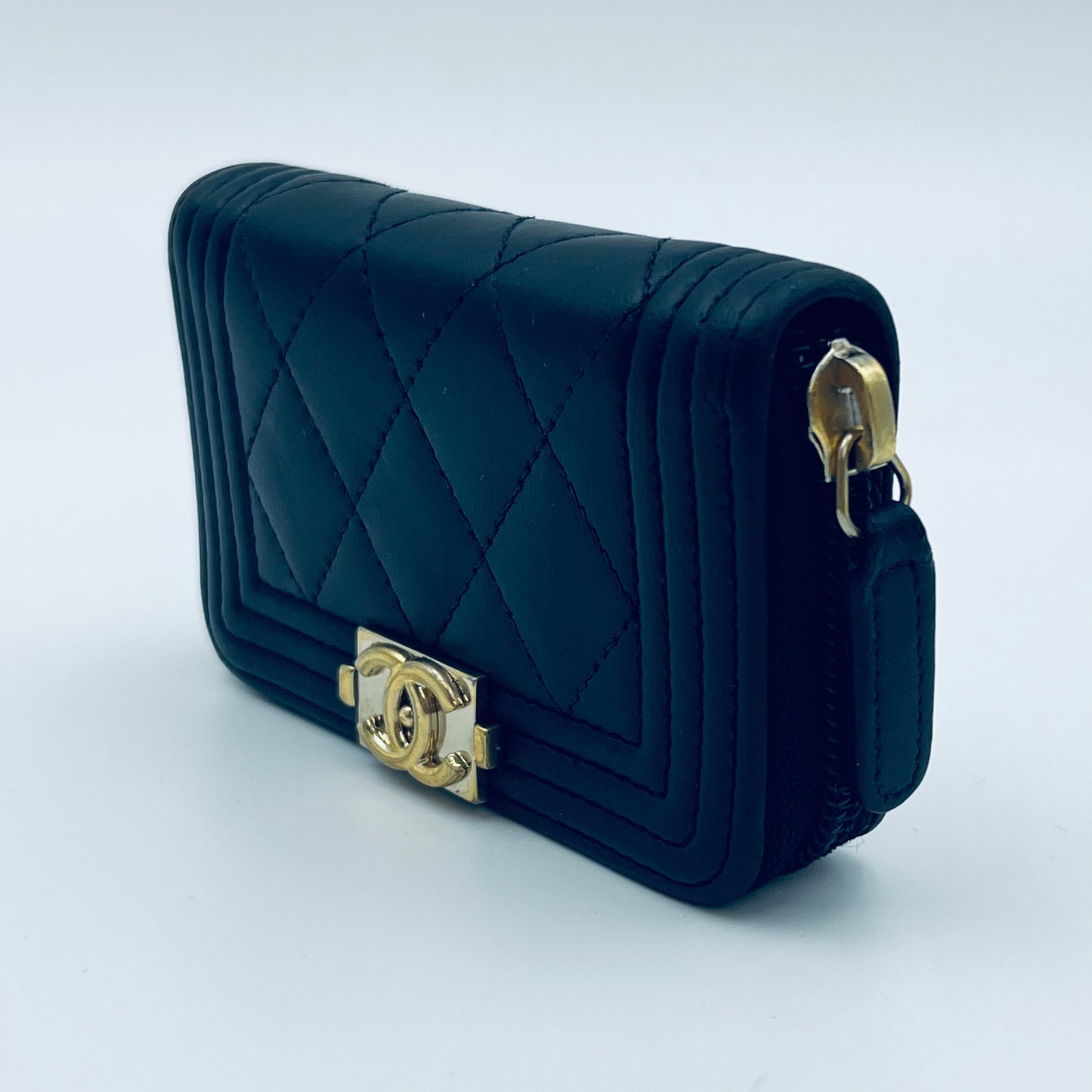 Black Lambskin Leather Zip Around Boy Coin Purse