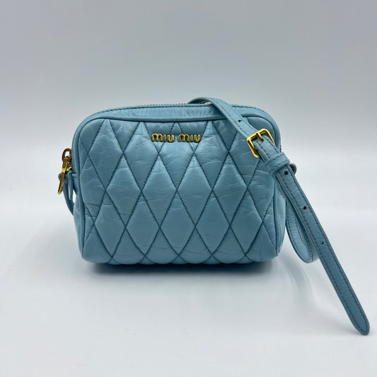 Sky Blue Quilted Leather Camera Crossbody Bag