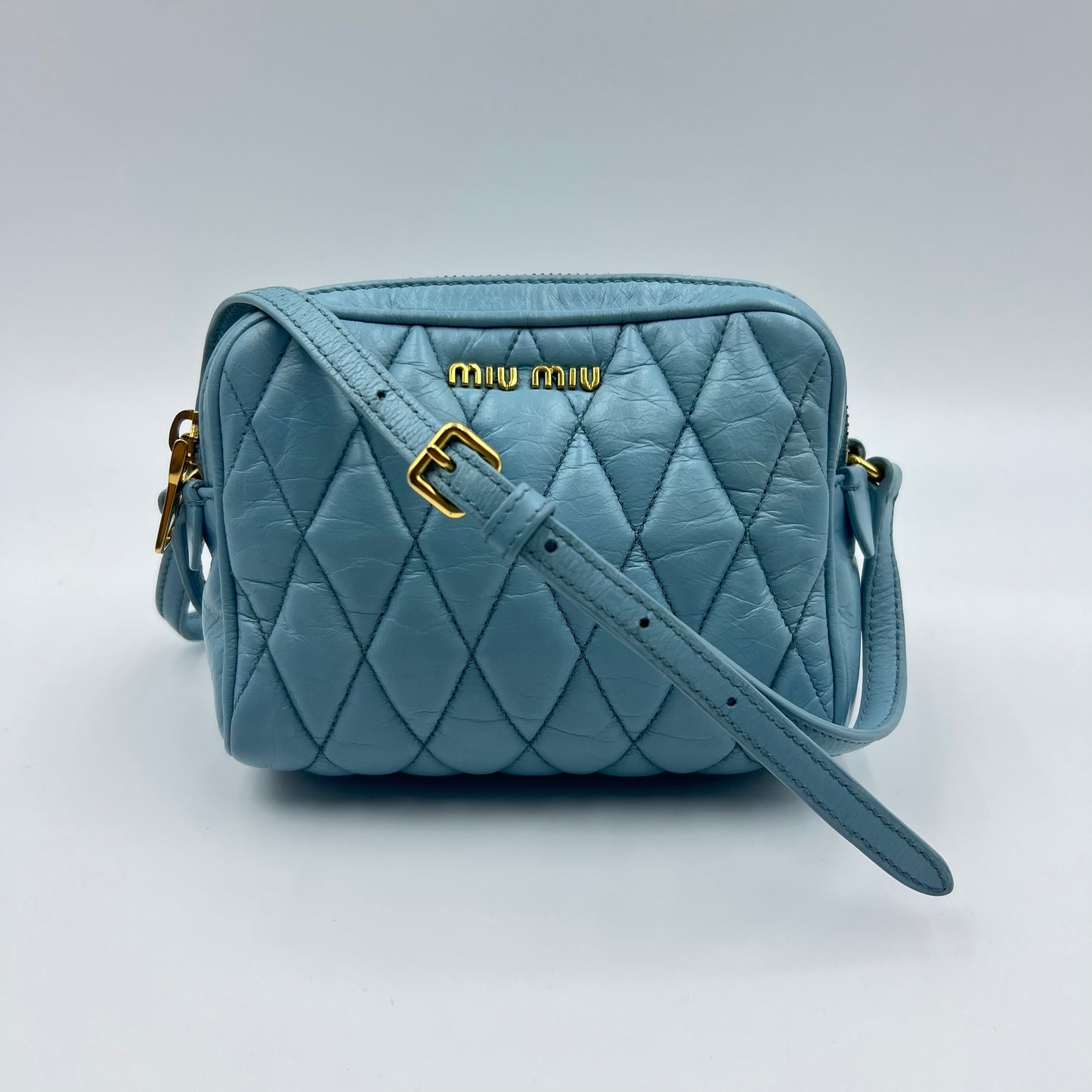 Sky Blue Quilted Leather Camera Crossbody Bag