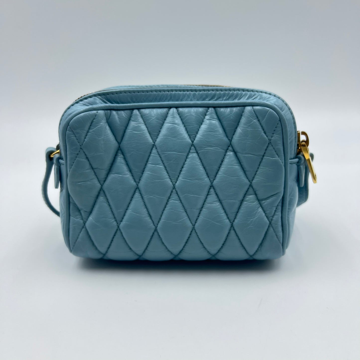 Sky Blue Quilted Leather Camera Crossbody Bag