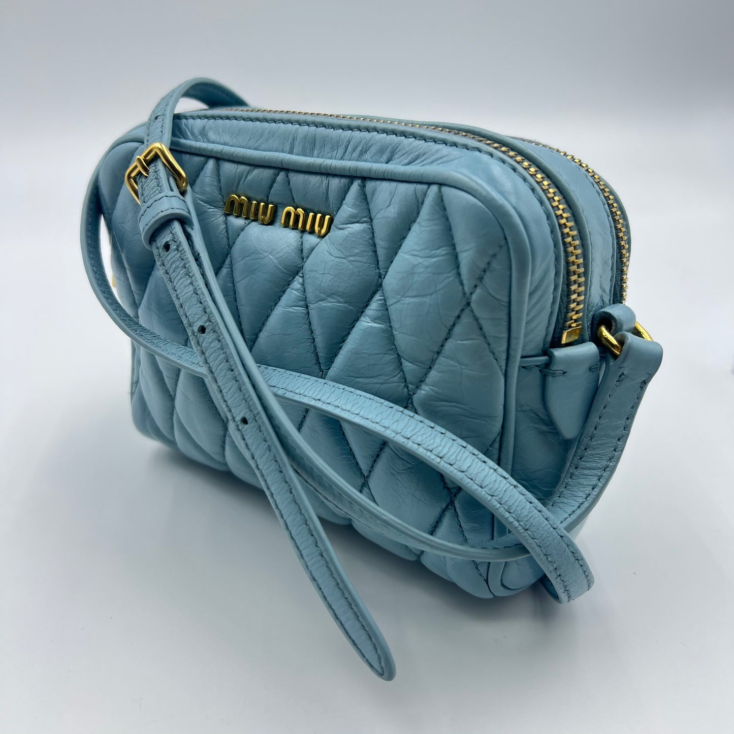 Sky Blue Quilted Leather Camera Crossbody Bag