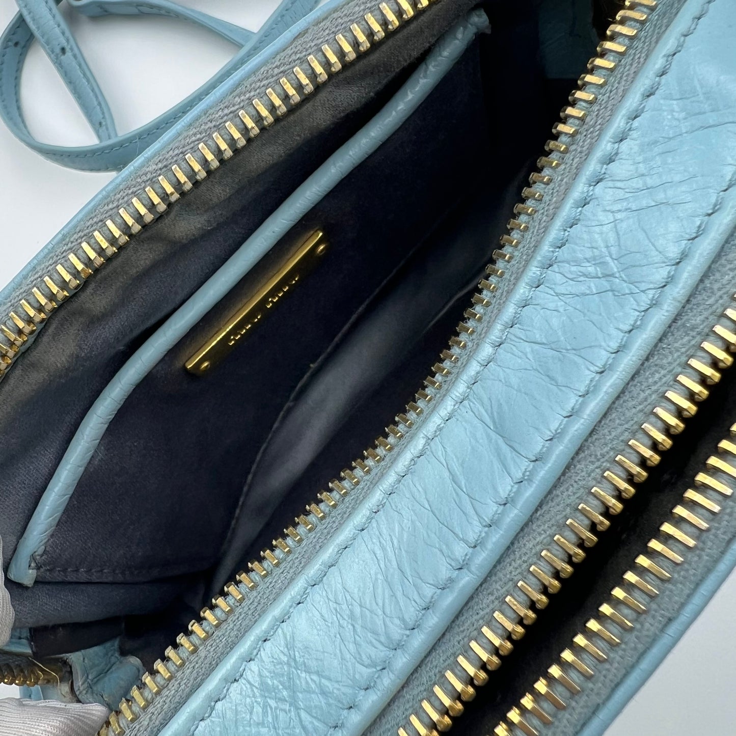 Sky Blue Quilted Leather Camera Crossbody Bag