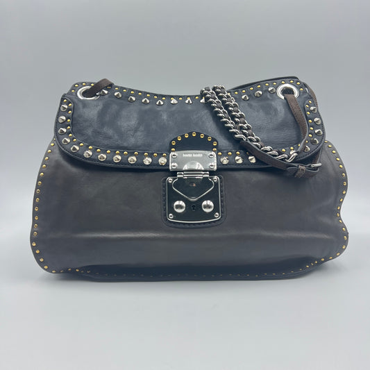 Nappa Bruche Studded Chain Shoulder Bag Leather Blue Grey