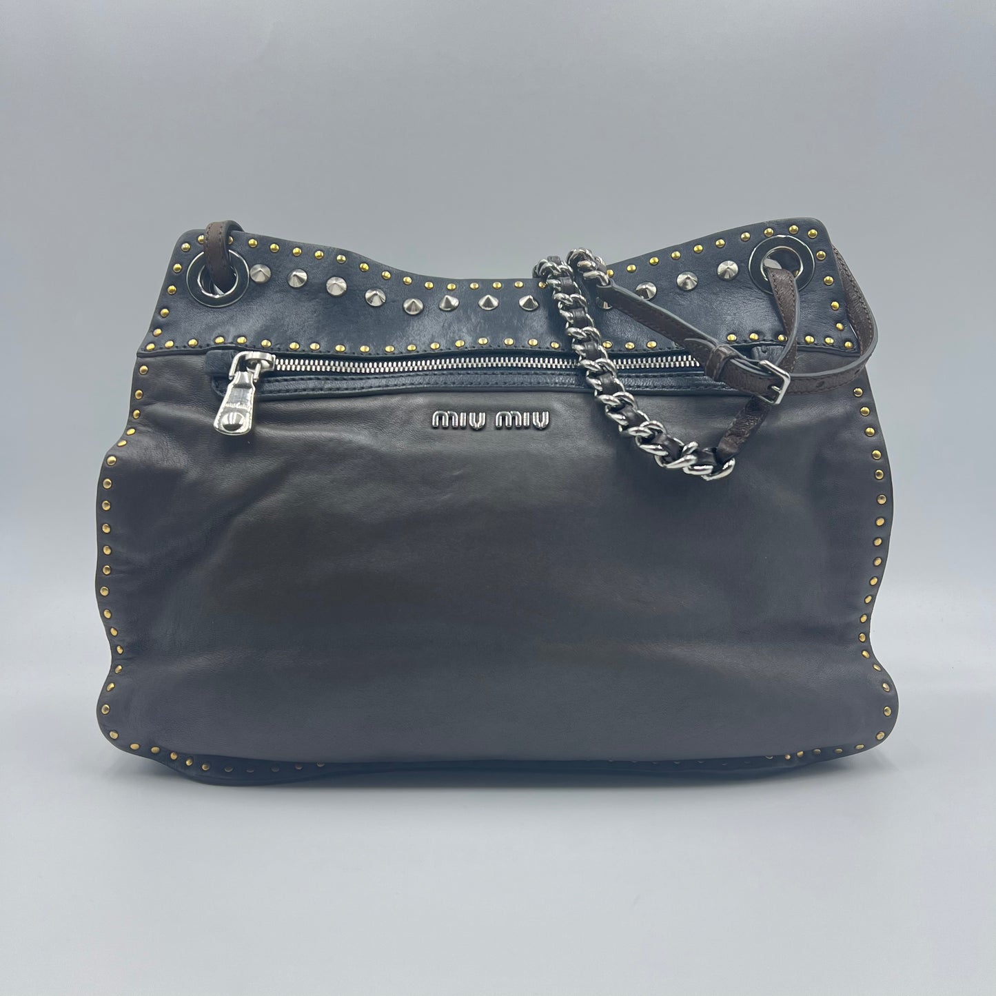 Nappa Bruche Studded Chain Shoulder Bag Leather Blue Grey