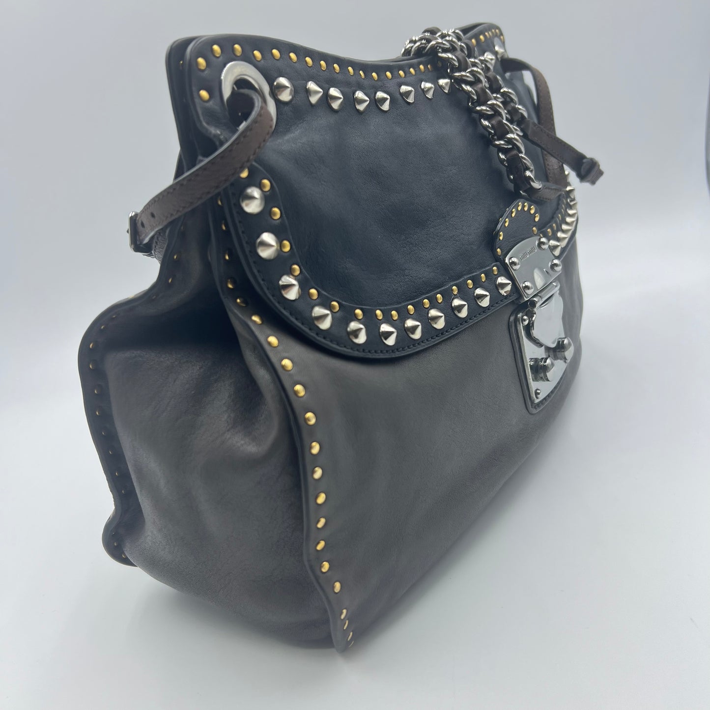 Nappa Bruche Studded Chain Shoulder Bag Leather Blue Grey