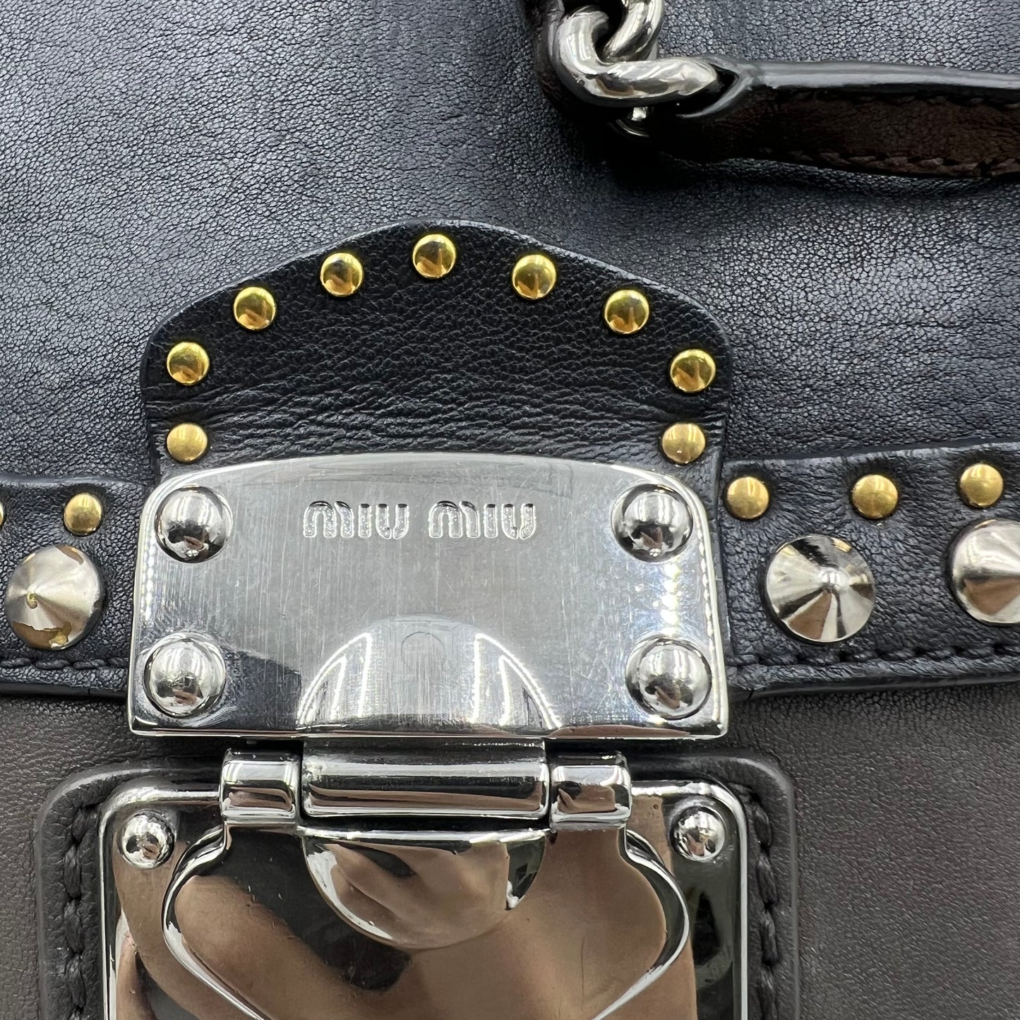 Nappa Bruche Studded Chain Shoulder Bag Leather Blue Grey
