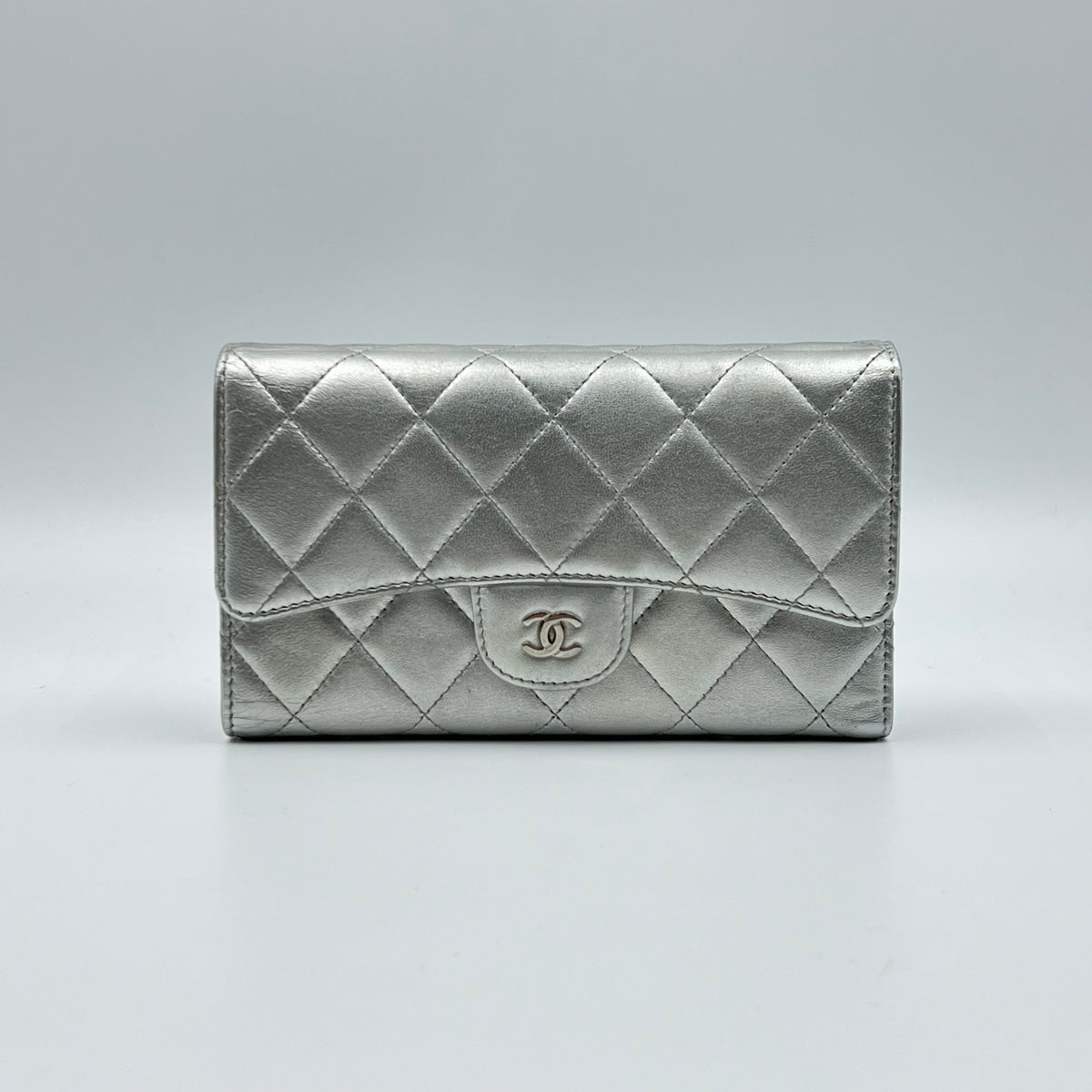 Chanel L-Flap Wallet Quilted Lambskin Long Silver