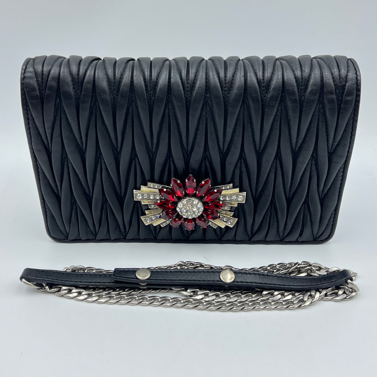 Black Matelasse Leather Flower Embellished Wallet on Chain
