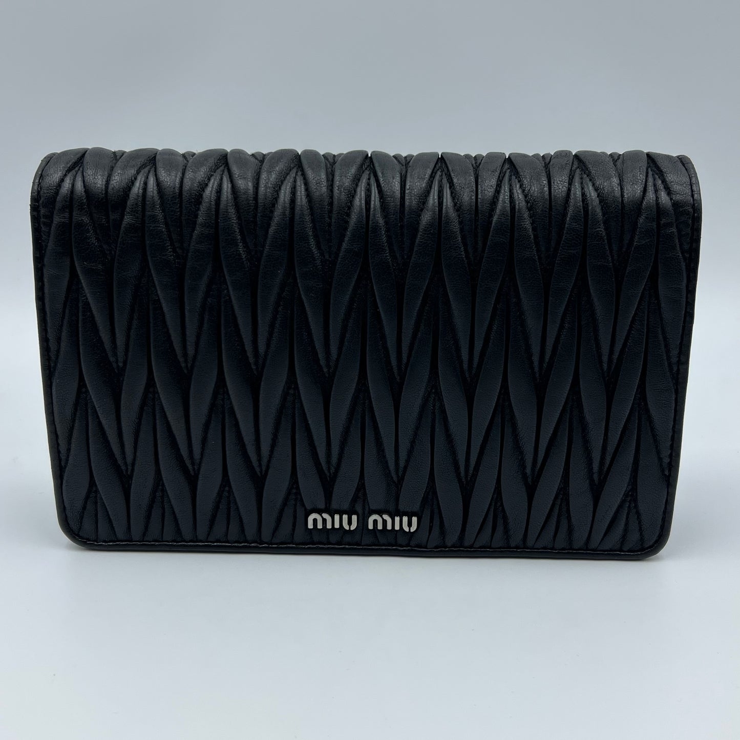Black Matelasse Leather Flower Embellished Wallet on Chain