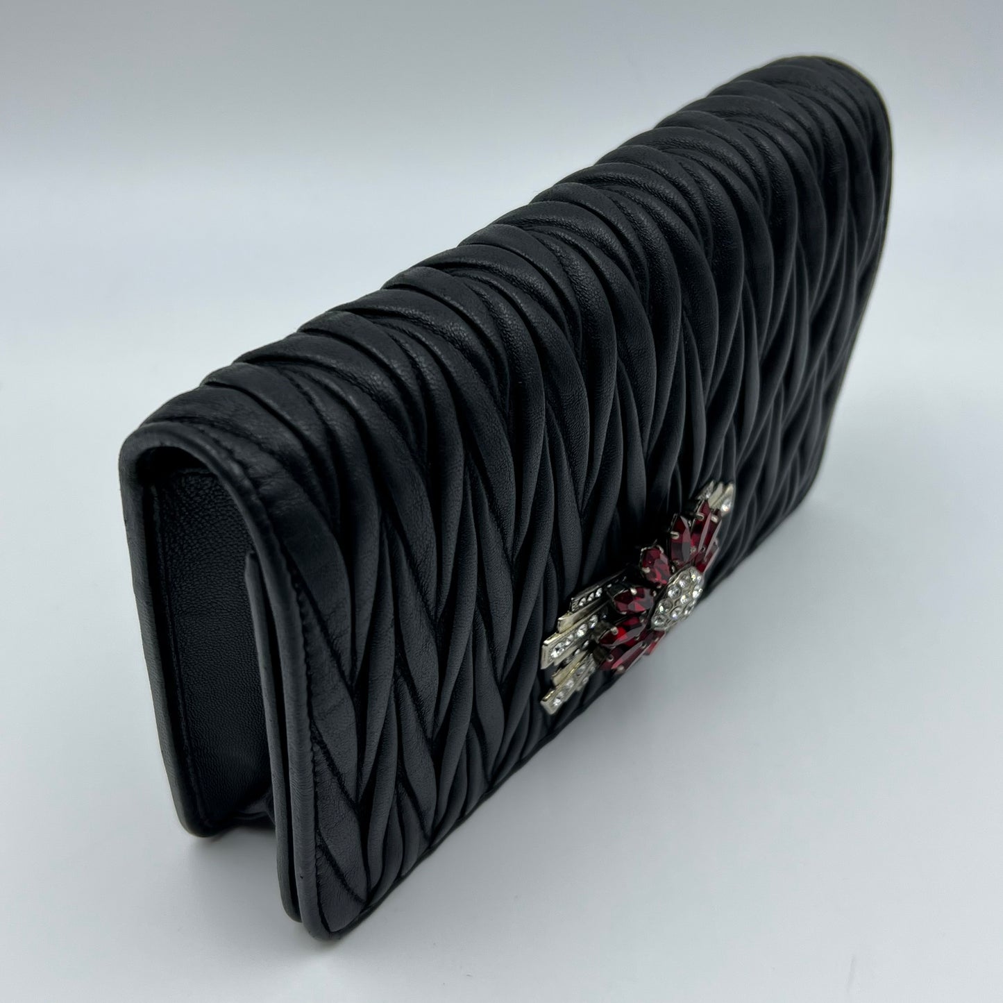 Black Matelasse Leather Flower Embellished Wallet on Chain