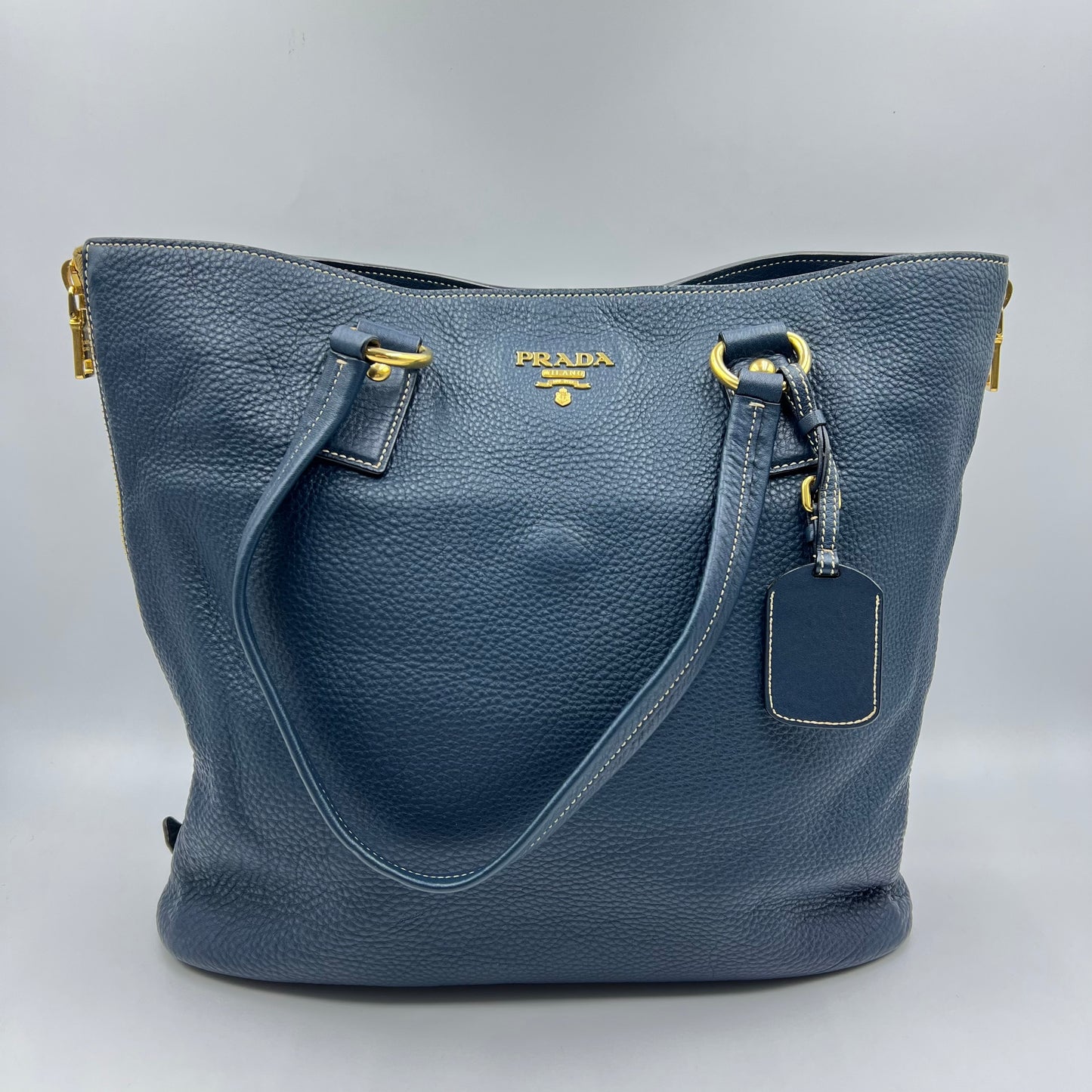 Blue Vitello Daino Leather Side Zip Shopper Tote