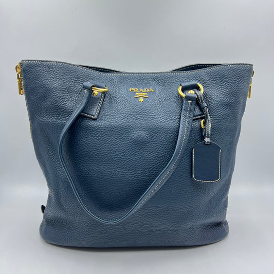 Blue Vitello Daino Leather Side Zip Shopper Tote