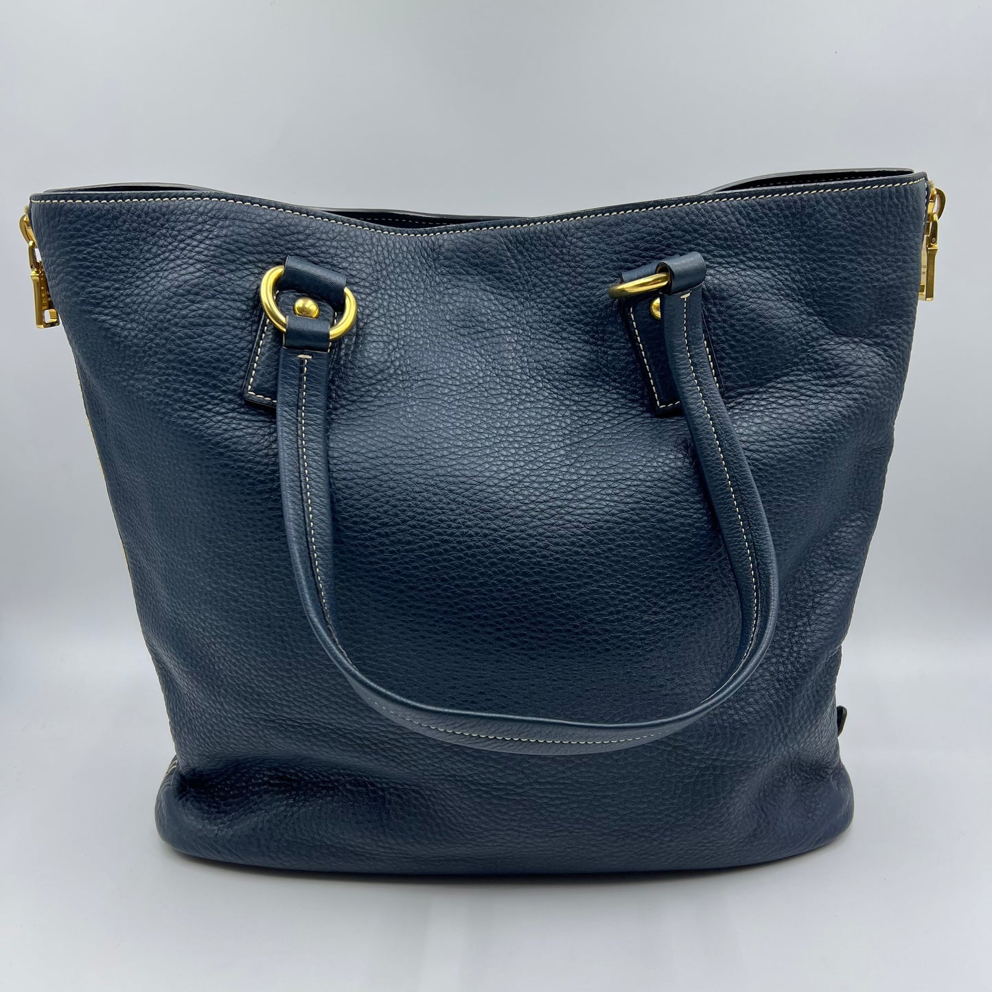 Blue Vitello Daino Leather Side Zip Shopper Tote