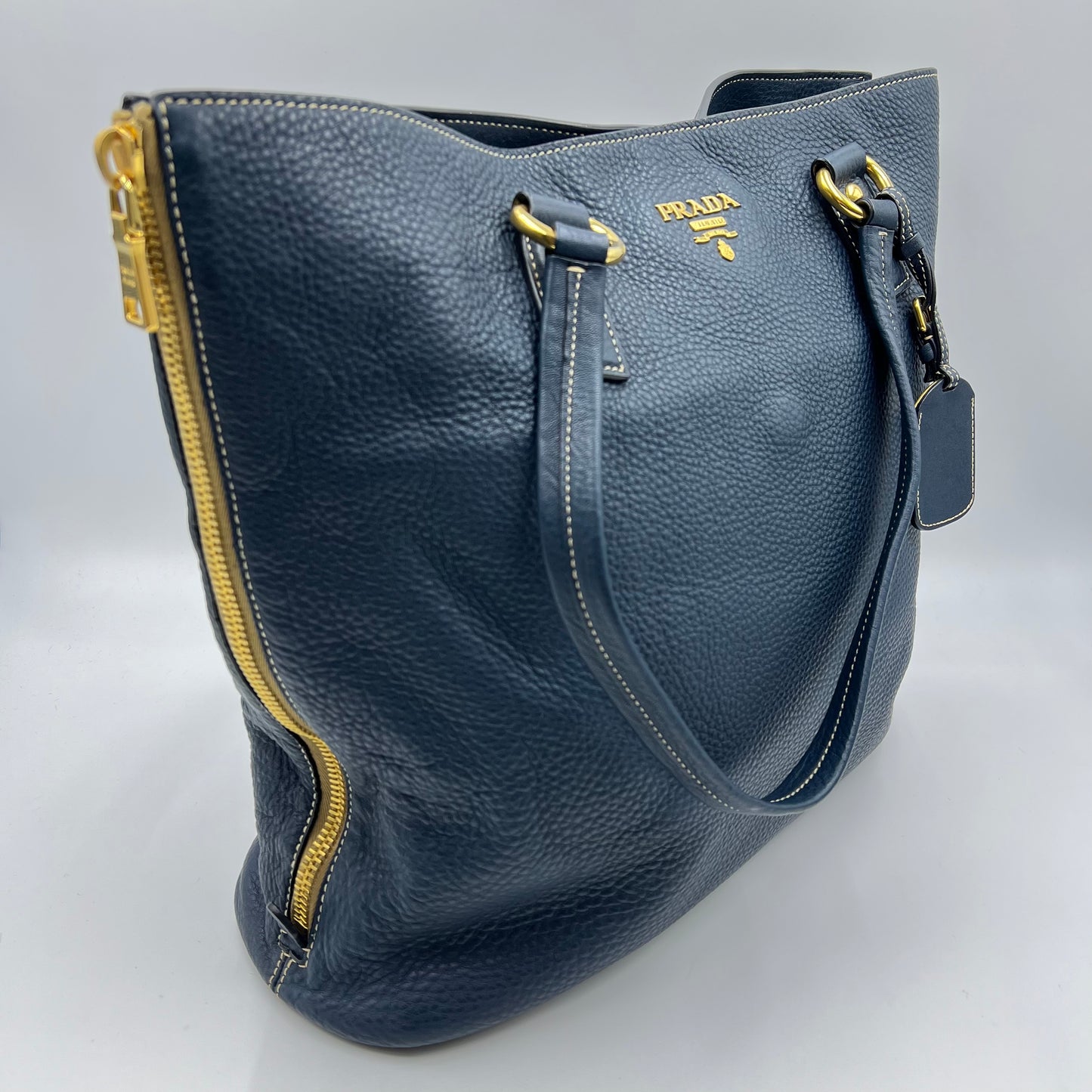 Blue Vitello Daino Leather Side Zip Shopper Tote