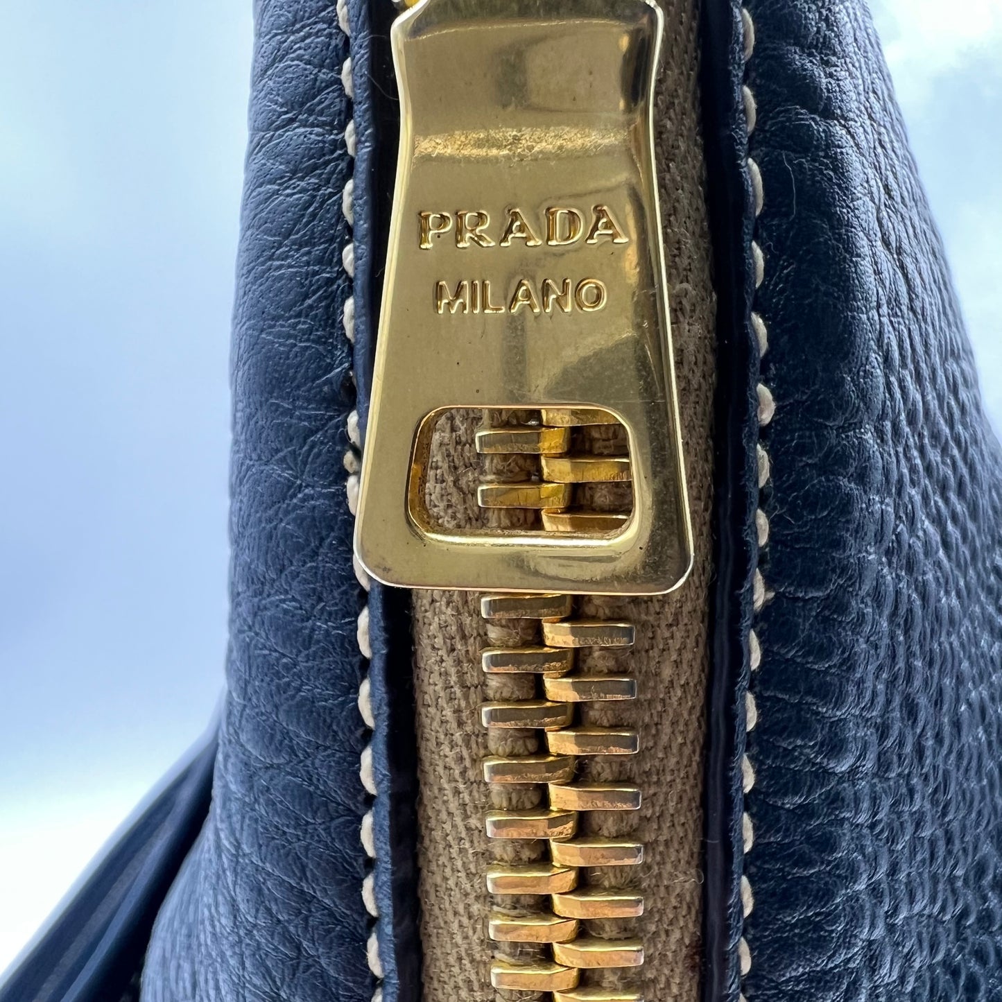 Blue Vitello Daino Leather Side Zip Shopper Tote