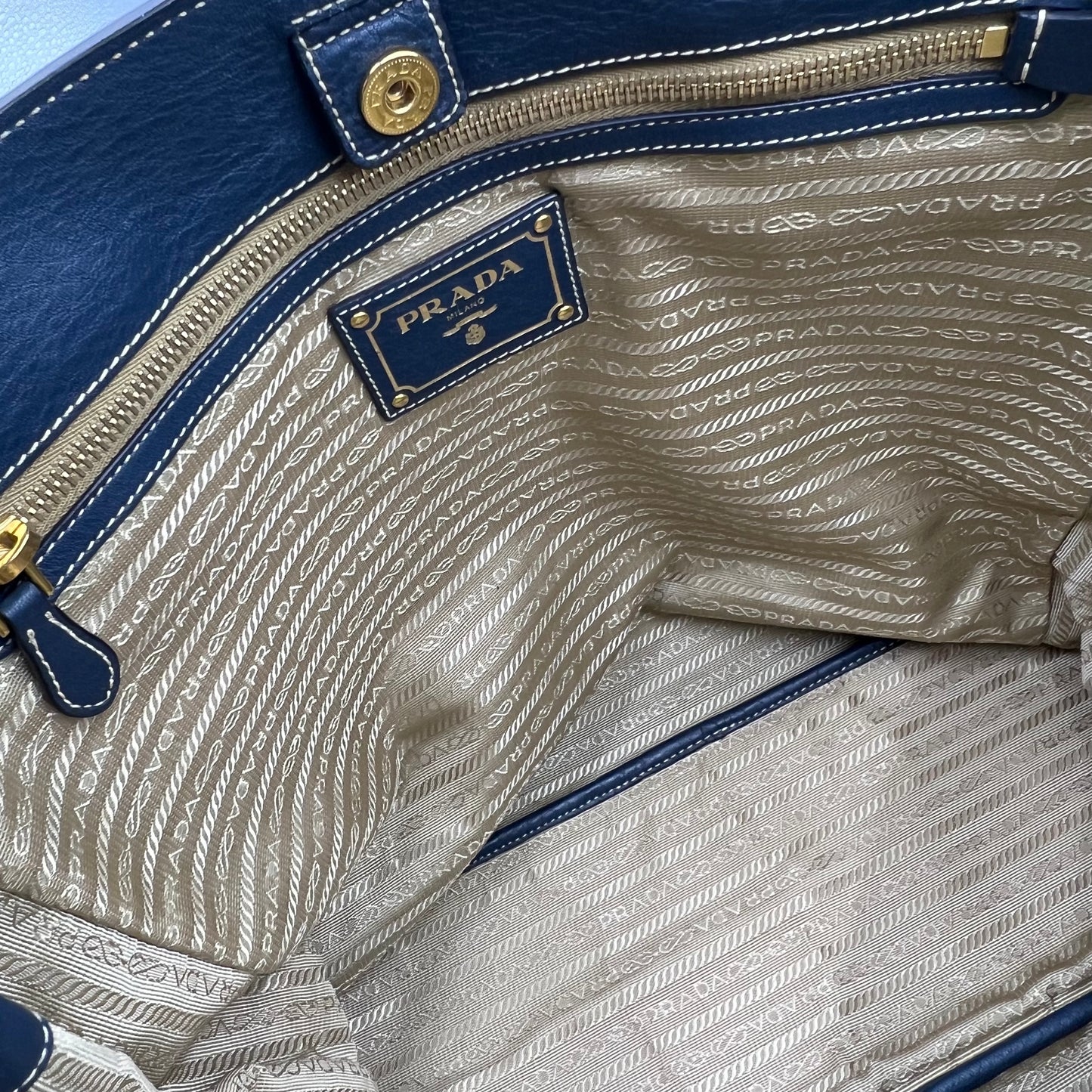 Blue Vitello Daino Leather Side Zip Shopper Tote