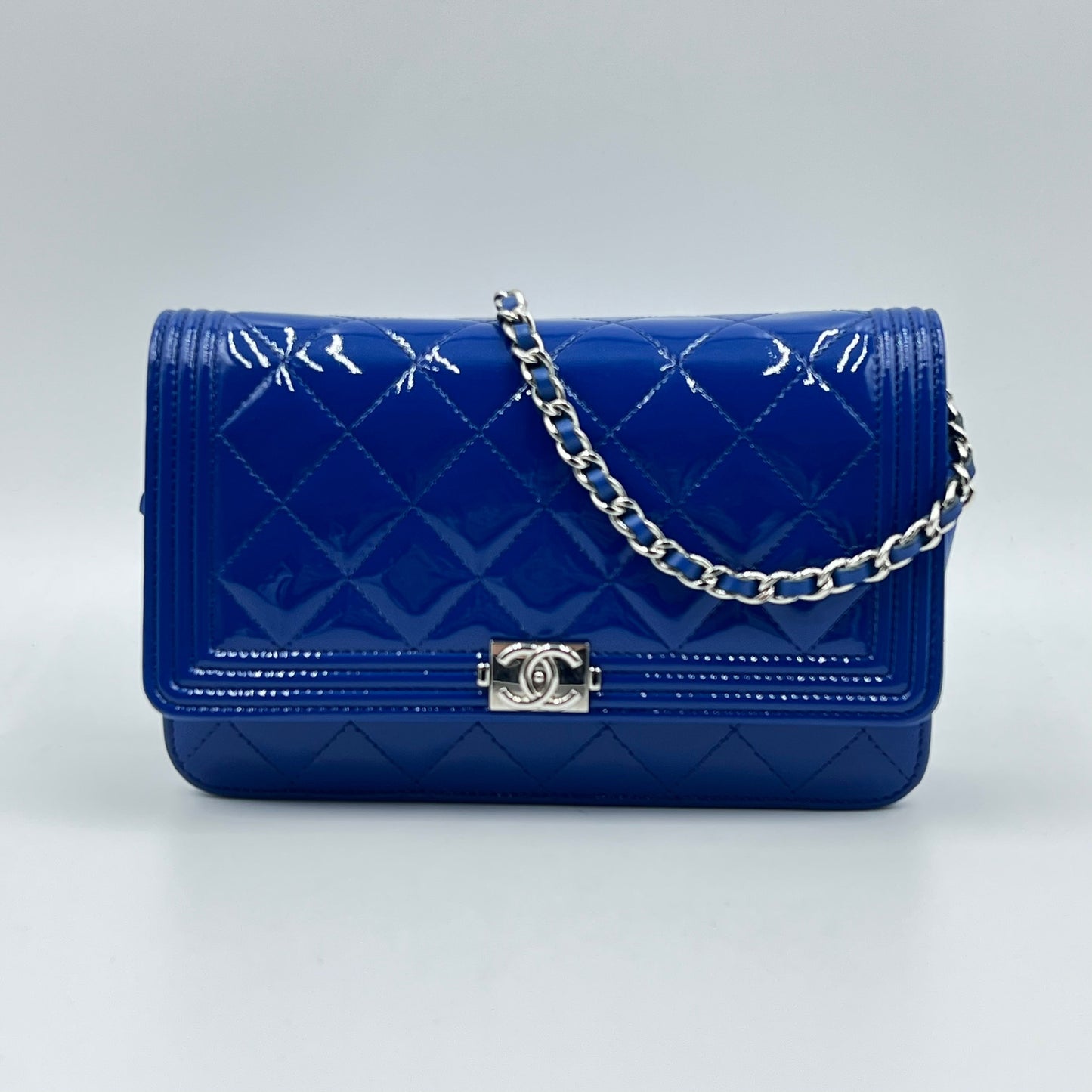 Chanel Blue Quilted Patent Leather Boy WOC Clutch Bag