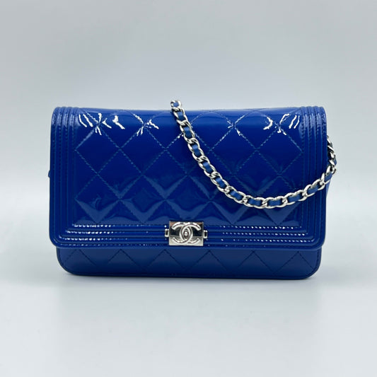 Chanel Blue Quilted Patent Leather Boy WOC Clutch Bag